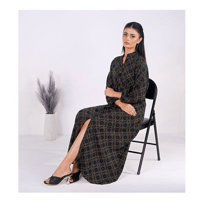 Basix Womens Black Turquoise Ring Pattern Long A-Line Frock With Belt, EW-107