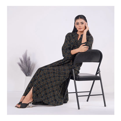 Basix Womens Black Turquoise Ring Pattern Long A-Line Frock With Belt, EW-107