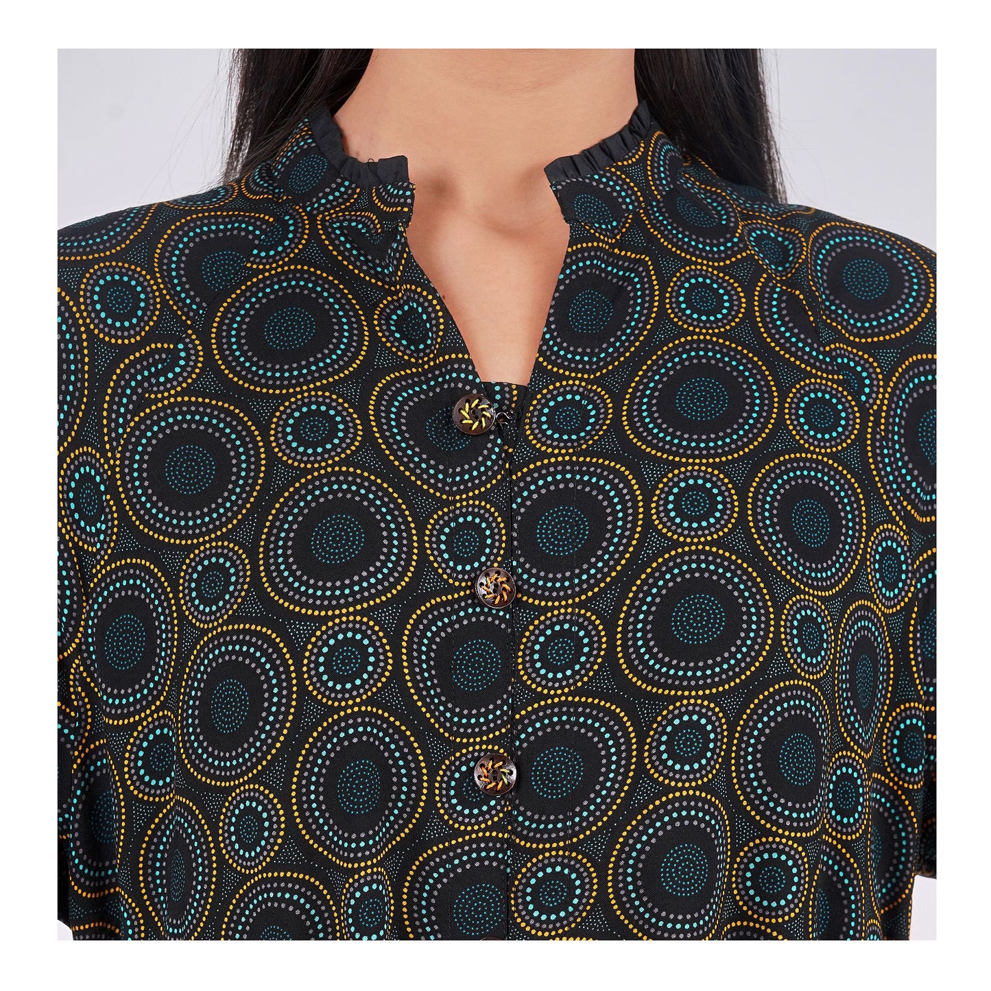 Basix Womens Black Turquoise Ring Pattern Long A-Line Frock With Belt, EW-107