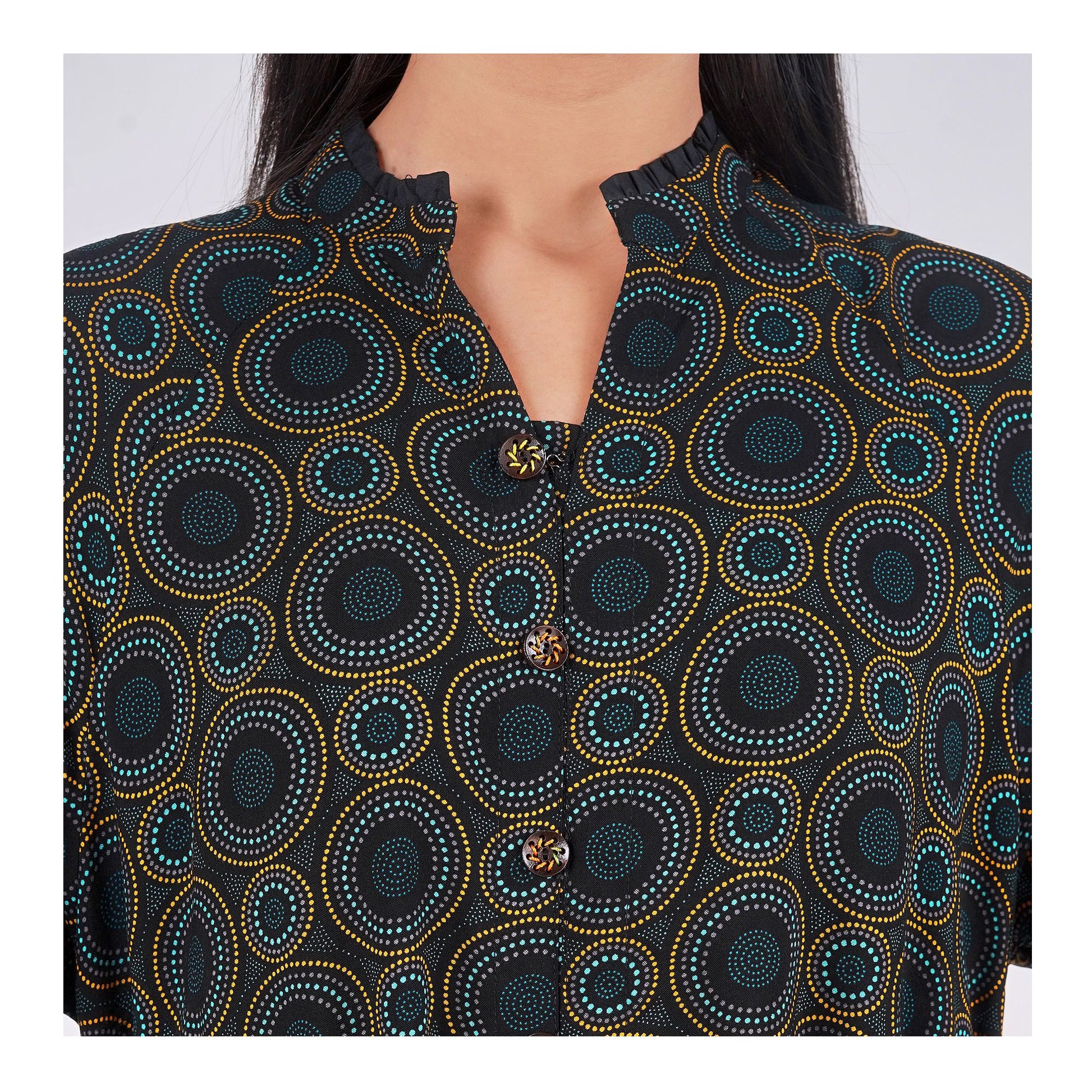 Basix Womens Black Turquoise Ring Pattern Long A-Line Frock With Belt, EW-107