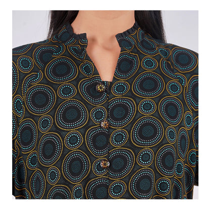 Basix Womens Black Turquoise Ring Pattern Long A-Line Frock With Belt, EW-107