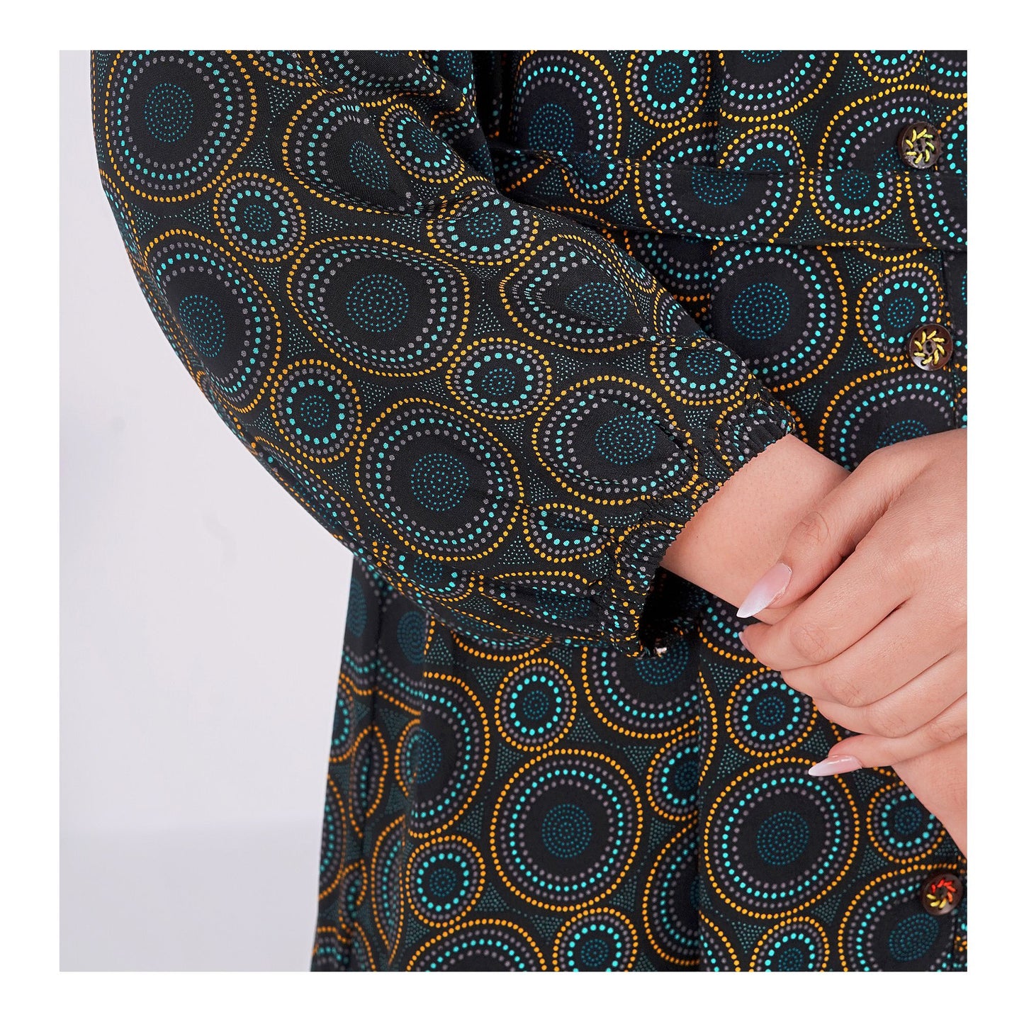 Basix Womens Black Turquoise Ring Pattern Long A-Line Frock With Belt, EW-107