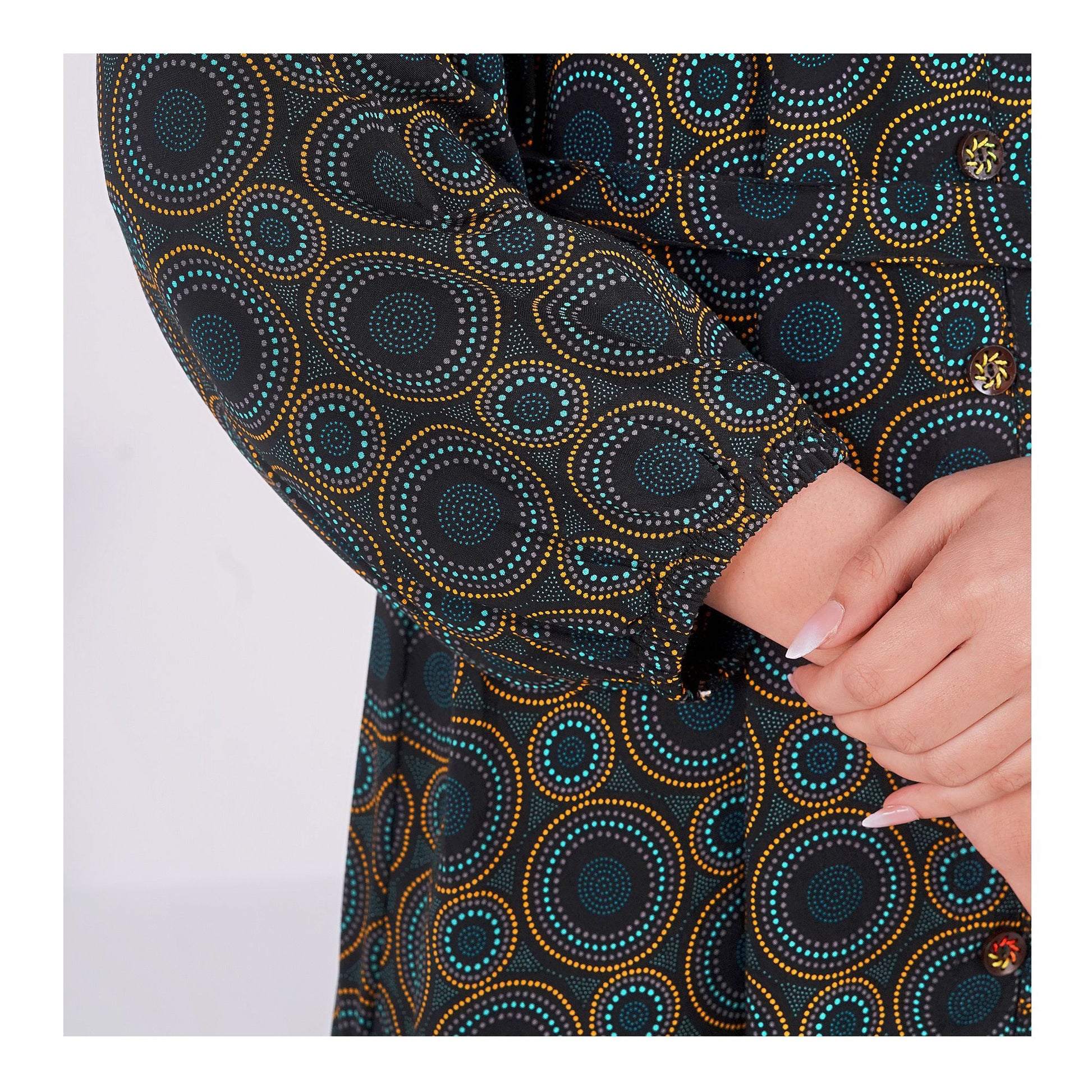 Basix Womens Black Turquoise Ring Pattern Long A-Line Frock With Belt, EW-107