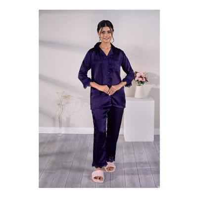 Basix Women's Loungewear Full Sleeves Shirt & Trouser With Lace, 2-Piece Set, Navy, SW-121