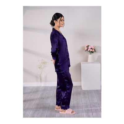 Basix Women's Loungewear Full Sleeves Shirt & Trouser With Lace, 2-Piece Set, Navy, SW-121