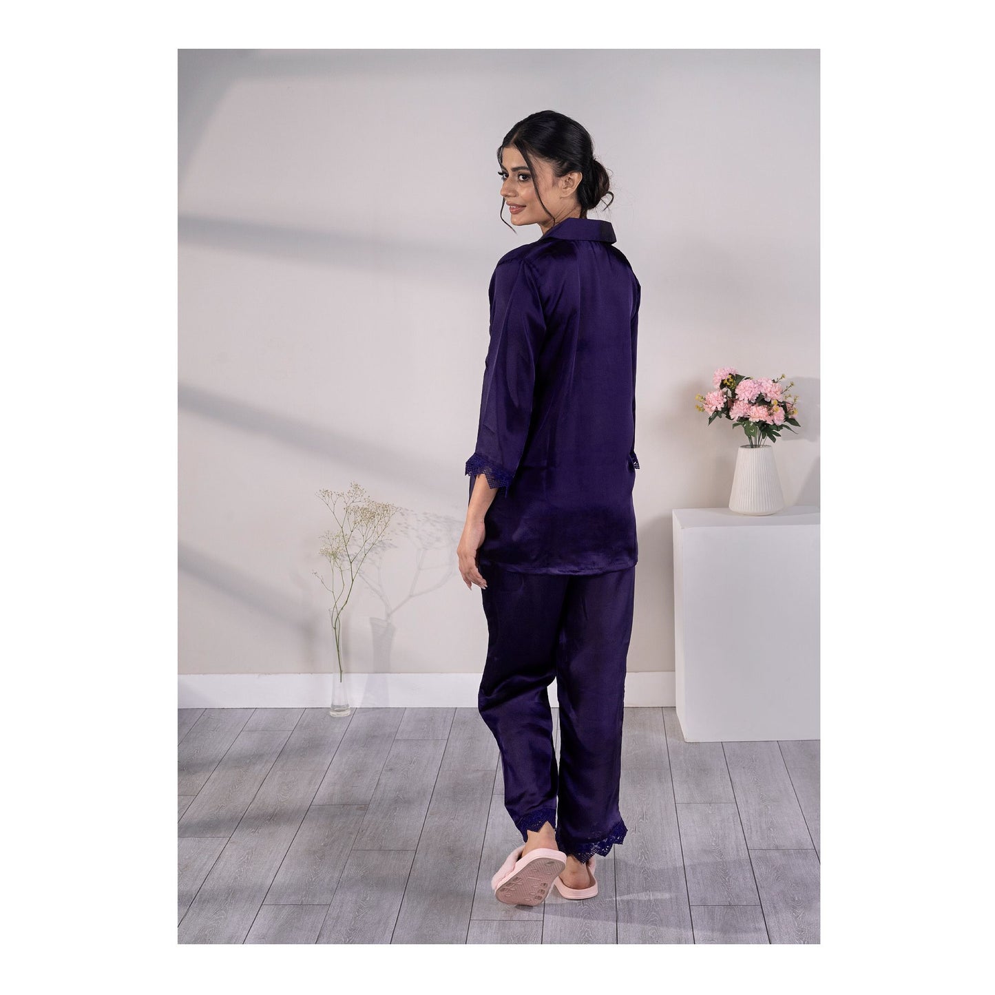 Basix Women's Loungewear Full Sleeves Shirt & Trouser With Lace, 2-Piece Set, Navy, SW-121