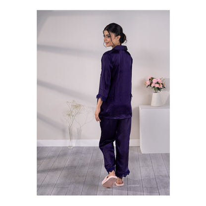 Basix Women's Loungewear Full Sleeves Shirt & Trouser With Lace, 2-Piece Set, Navy, SW-121