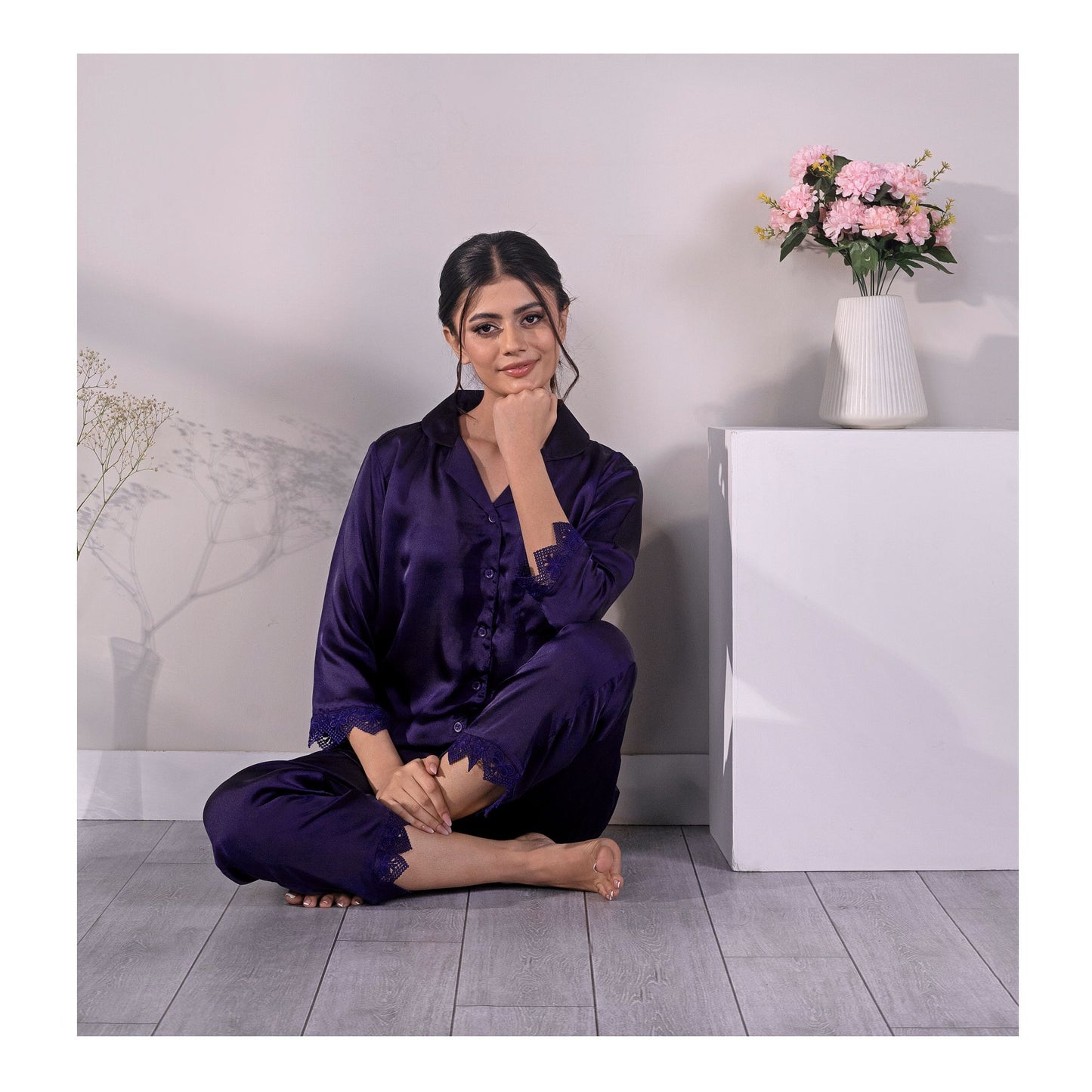 Basix Women's Loungewear Full Sleeves Shirt & Trouser With Lace, 2-Piece Set, Navy, SW-121