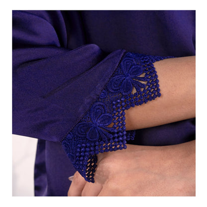 Basix Women's Loungewear Full Sleeves Shirt & Trouser With Lace, 2-Piece Set, Navy, SW-121