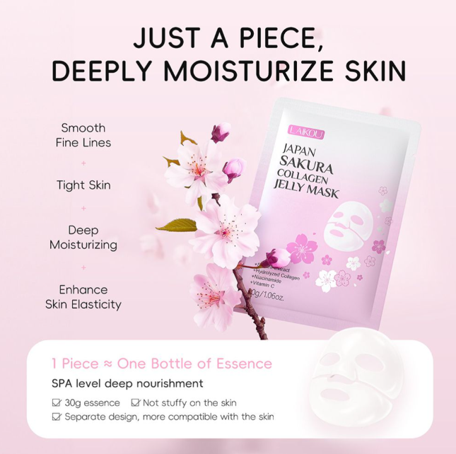 Laikou Japan Sakura Collagen Jelly Sheet Mask, Hydrolyzed + Niacinamide & Vitamin C, For Glow Skin, 30g, LK33583