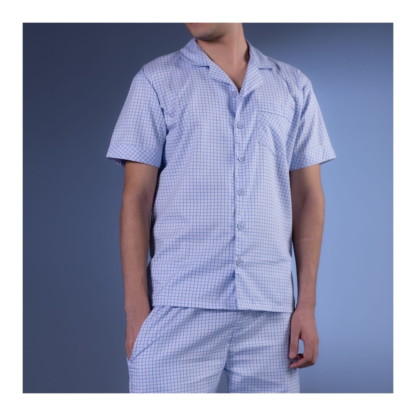 Basix Men's Check Print Cotton Loungewear Dress  2-Piece Set  Blue & White  LW-811