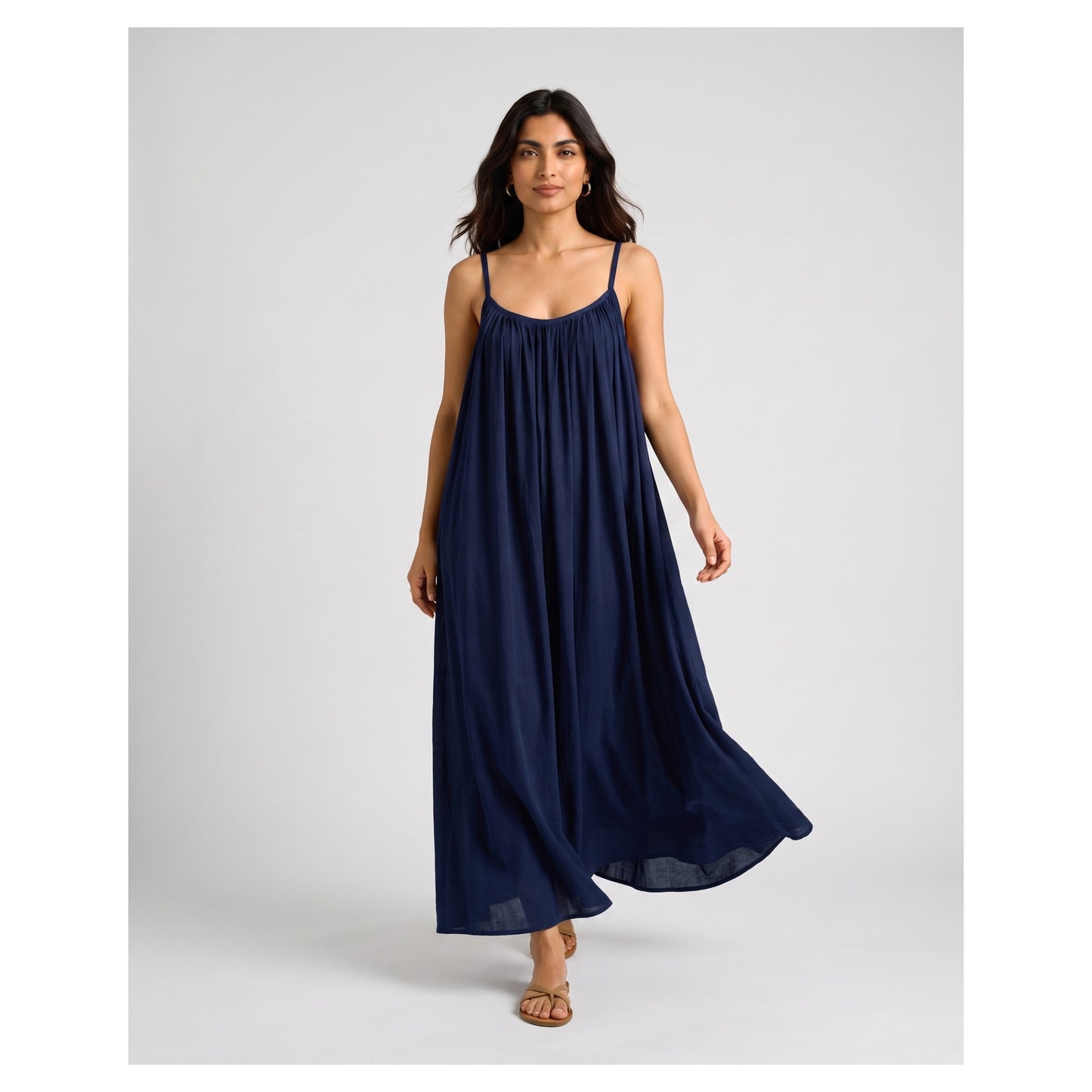 Basix Backless A-Line Gathered Maxi With Adjustable Straps & Tie Back, Navy, Free Size, BM-102