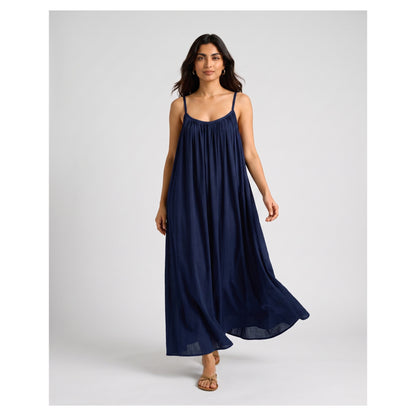 Basix Backless A-Line Gathered Maxi With Adjustable Straps & Tie Back, Navy, Free Size, BM-102