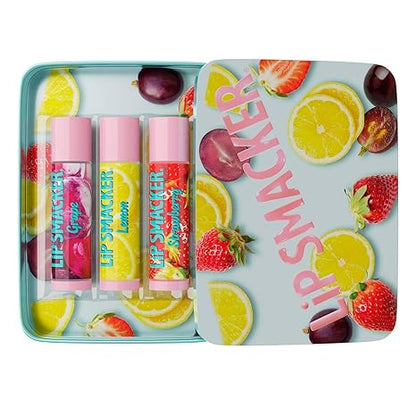 Lip Smacker Nostalgia Lip Balm Trio Tin, Moisturizing &amp; Hydrating Lip Care, Clear Glossy Finish, Fun &amp; Collectible Gift Set, Grape, Lemon, and Strawberry, 12g