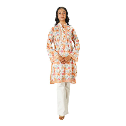 Basix Digital Printed Lawn Golden Brown N White Shirt With Lace, LS-506