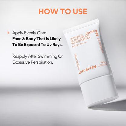 Innisfree Intensive Long-Lasting Sunscreen Ex, Vegan, Water Resistant, SPF50+ PA+++ 60ml