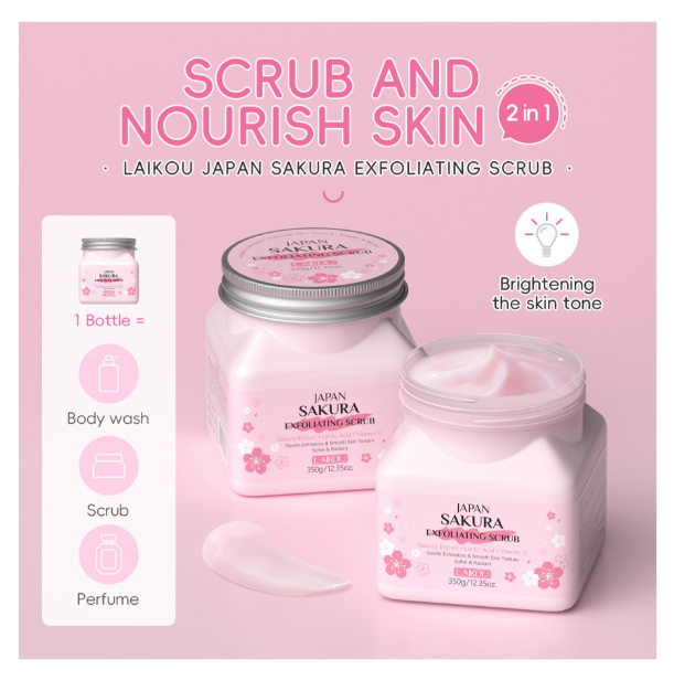 Laikou Japan 2-In-1 Sakura Exfoliating Scrub, Lactic Acid + Vitamin C, For Radiant Skin 350g, LK81997A