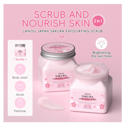 Laikou Japan 2-In-1 Sakura Exfoliating Scrub, Lactic Acid + Vitamin C, For Radiant Skin 350g, LK81997A