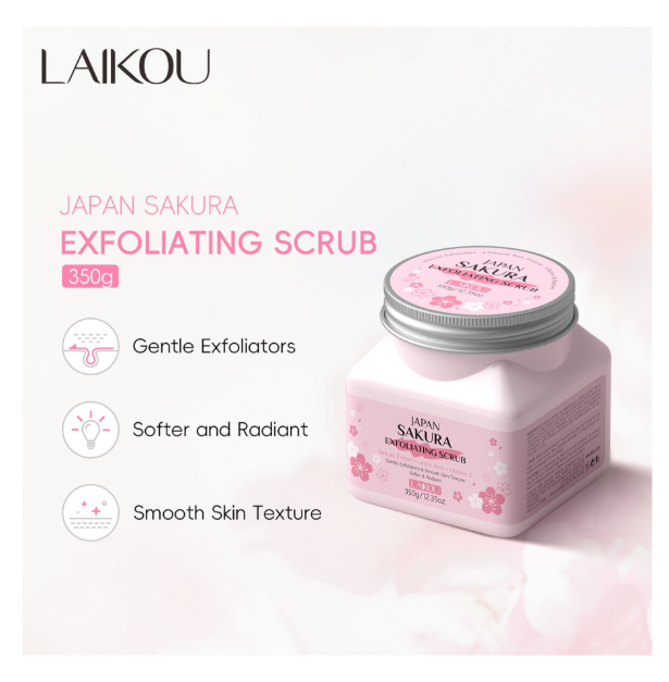 Laikou Japan 2-In-1 Sakura Exfoliating Scrub, Lactic Acid + Vitamin C, For Radiant Skin 350g, LK81997A