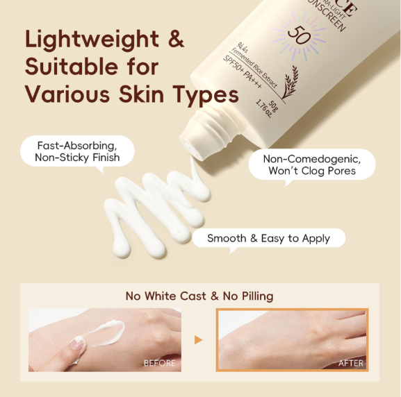 Laikou Rice Ultra-Light Sunscreen, Fermented Rice Extract, SPF50 PA+++ For Various Skin Types, 50g, LK81850A