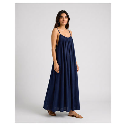 Basix Backless A-Line Gathered Maxi With Adjustable Straps & Tie Back, Navy, Free Size, BM-102